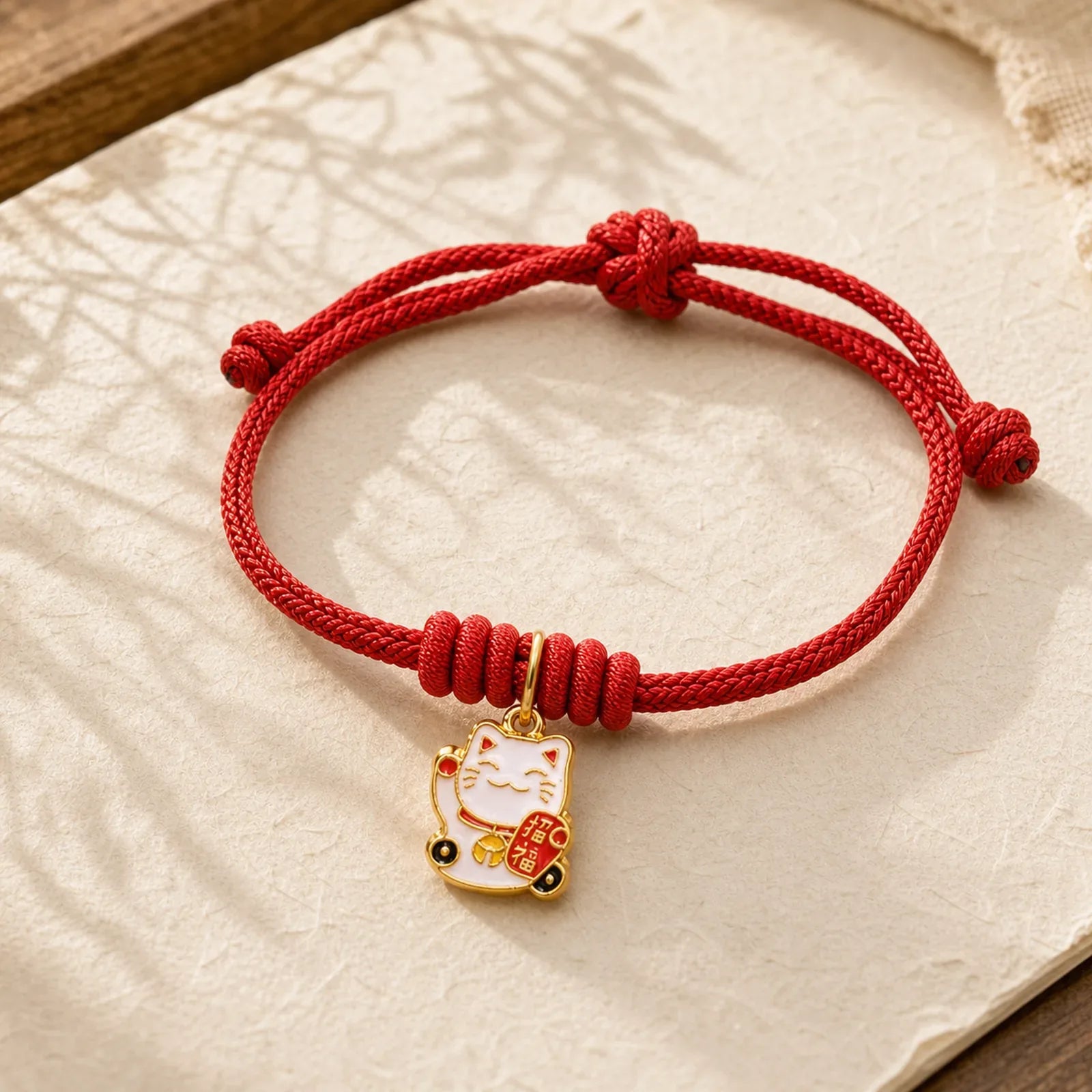 Handmade Braided Red String Lucky Cat Bringing Good Fortune Fu Character Adjustable Bracelet featuring Red String, Fu Character, Copper