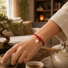 Handmade Braided Red String Lucky Cat Bringing Good Fortune Fu Character Adjustable Bracelet featuring Red String, Fu Character, Copper