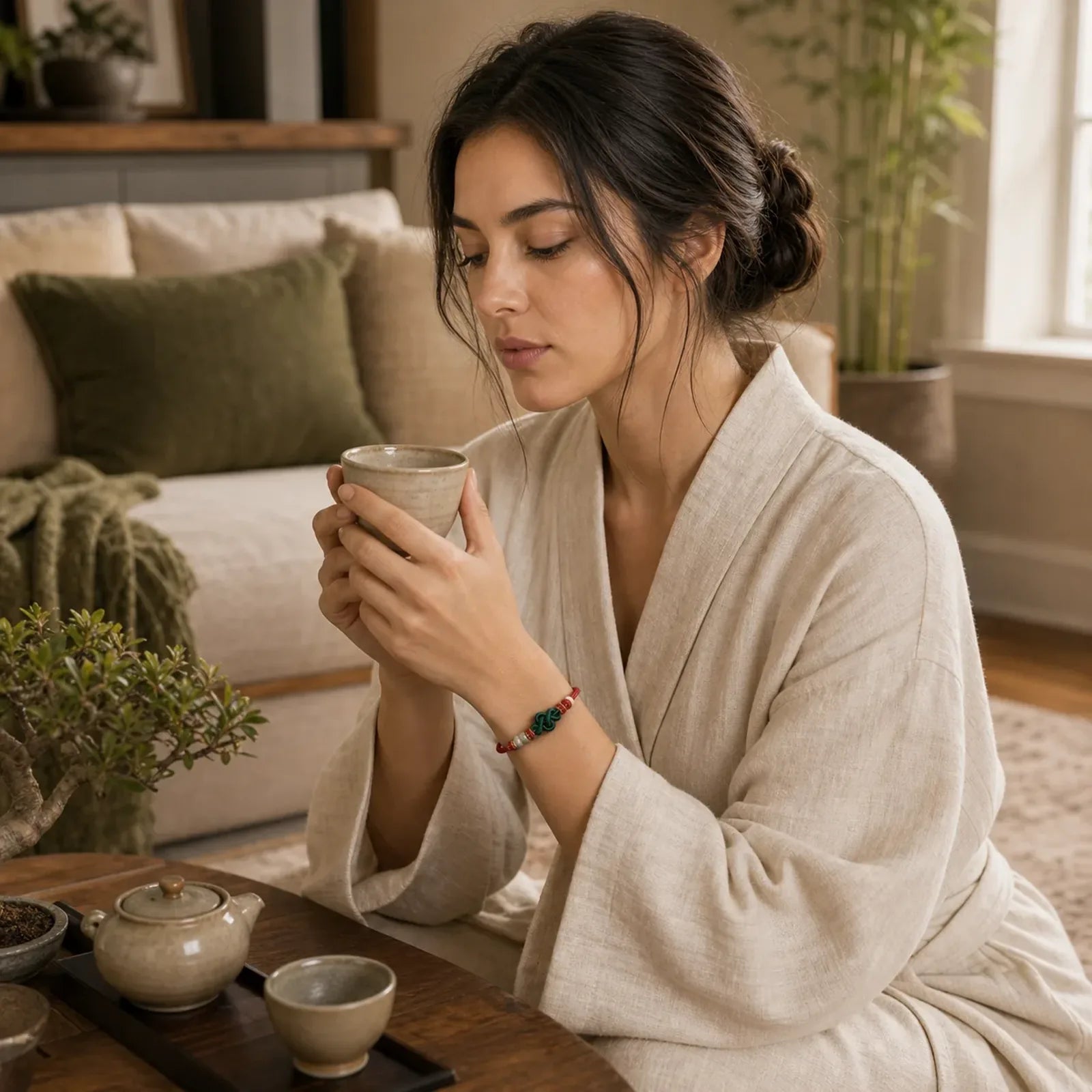 Handmade Braided Ruyi Peach Blossoms Knot Jade Luck Adjustable Bracelet featuring Jade, Red String