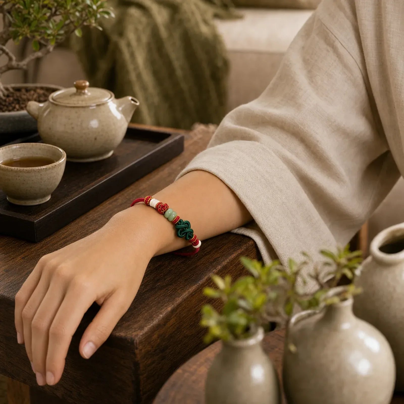 Handmade Braided Ruyi Peach Blossoms Knot Jade Luck Adjustable Bracelet featuring Jade, Red String