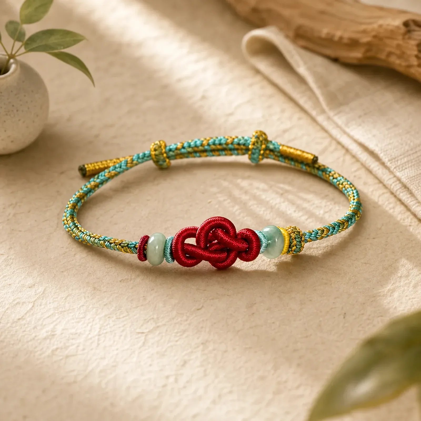Handmade Braided Yellow Green Wenchang Knot Jade Luck Adjustable Bracelet featuring Jade, Chinese Knotting, Red String