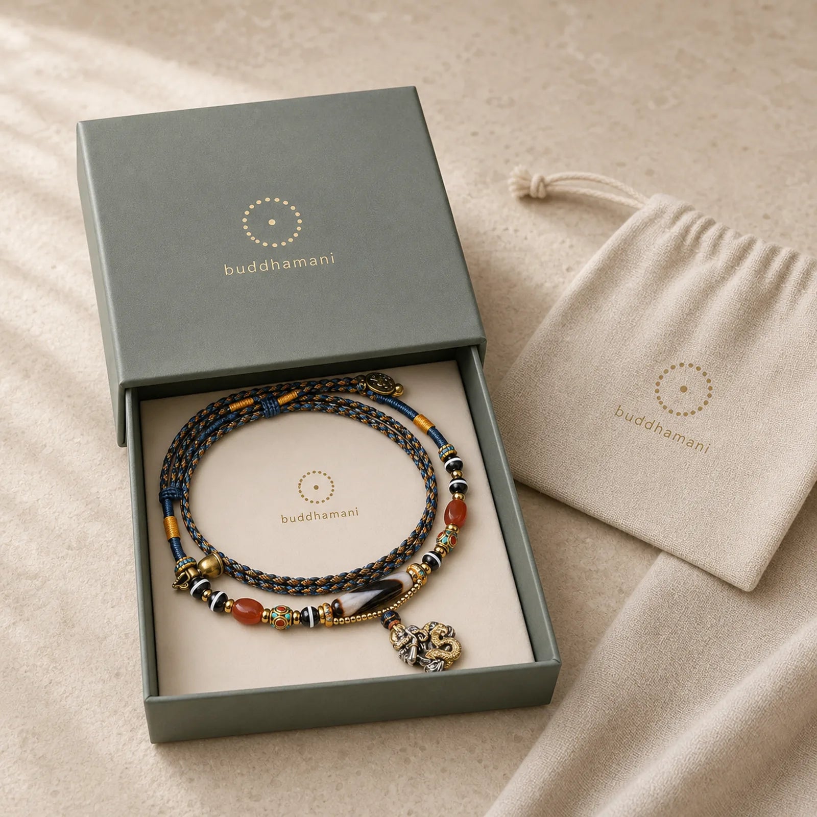 Handmade Buddha Snake Skull Head Dzi Bead Serenity Rope Necklace Pendant (Extra 35% Off | USE CODE: FS35) featuring Dzi Bead, Buddha Symbol, Nine-Eye Dzi Bead