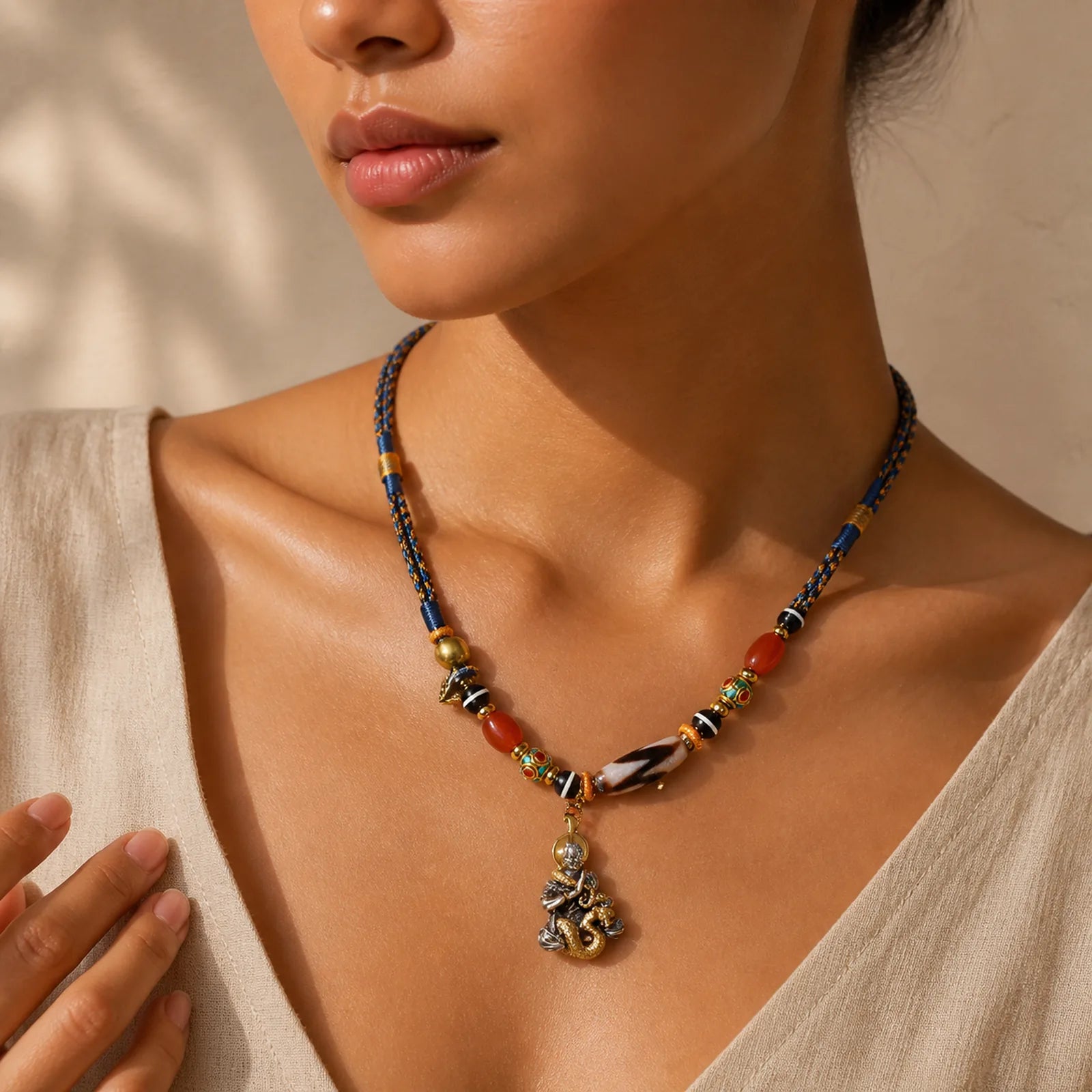 Handmade Buddha Snake Skull Head Dzi Bead Serenity Rope Necklace Pendant (Extra 35% Off | USE CODE: FS35) featuring Dzi Bead, Buddha Symbol, Nine-Eye Dzi Bead