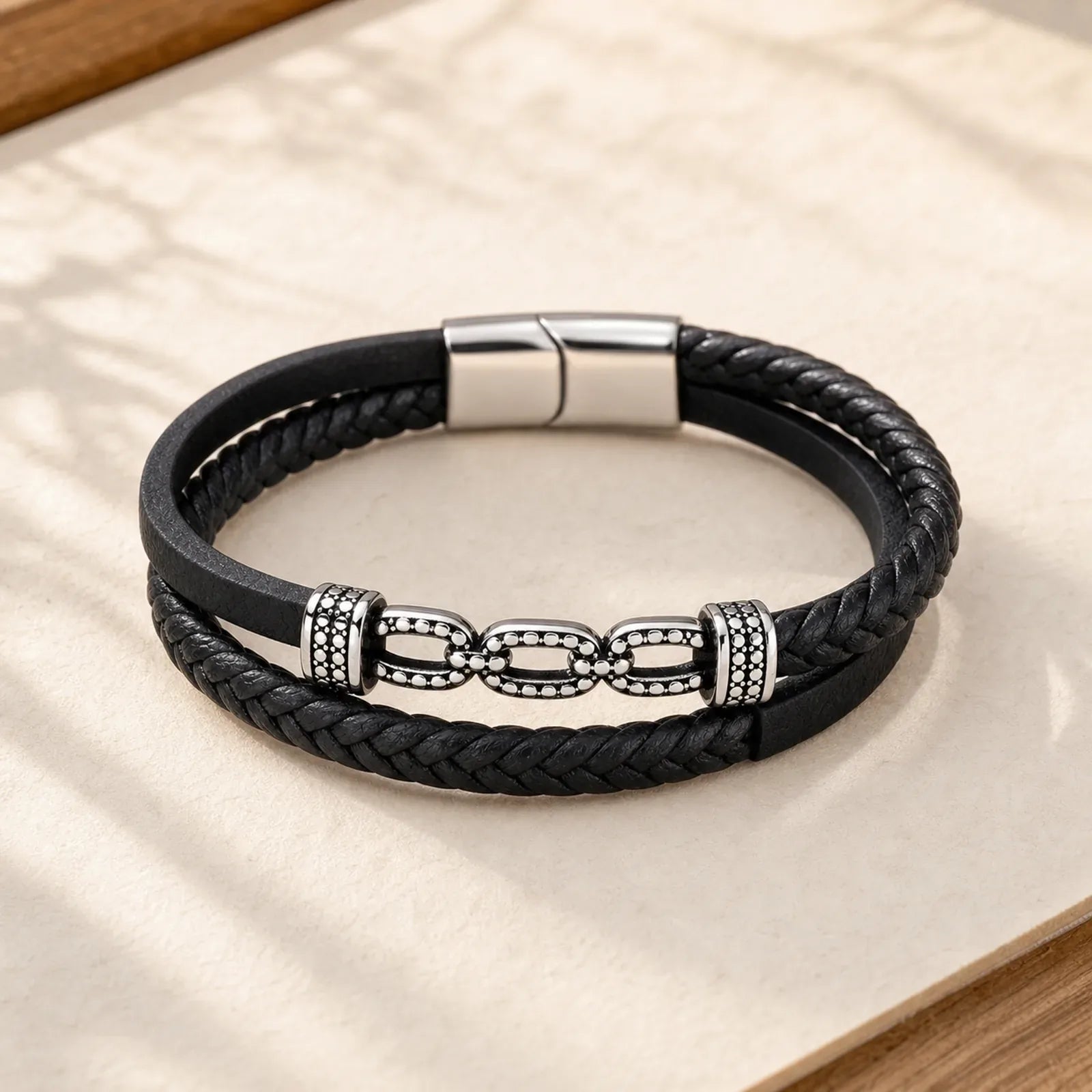 Handmade Chain Link Design Titanium Steel Leather Strengthen Bracelet featuring Titanium Steel