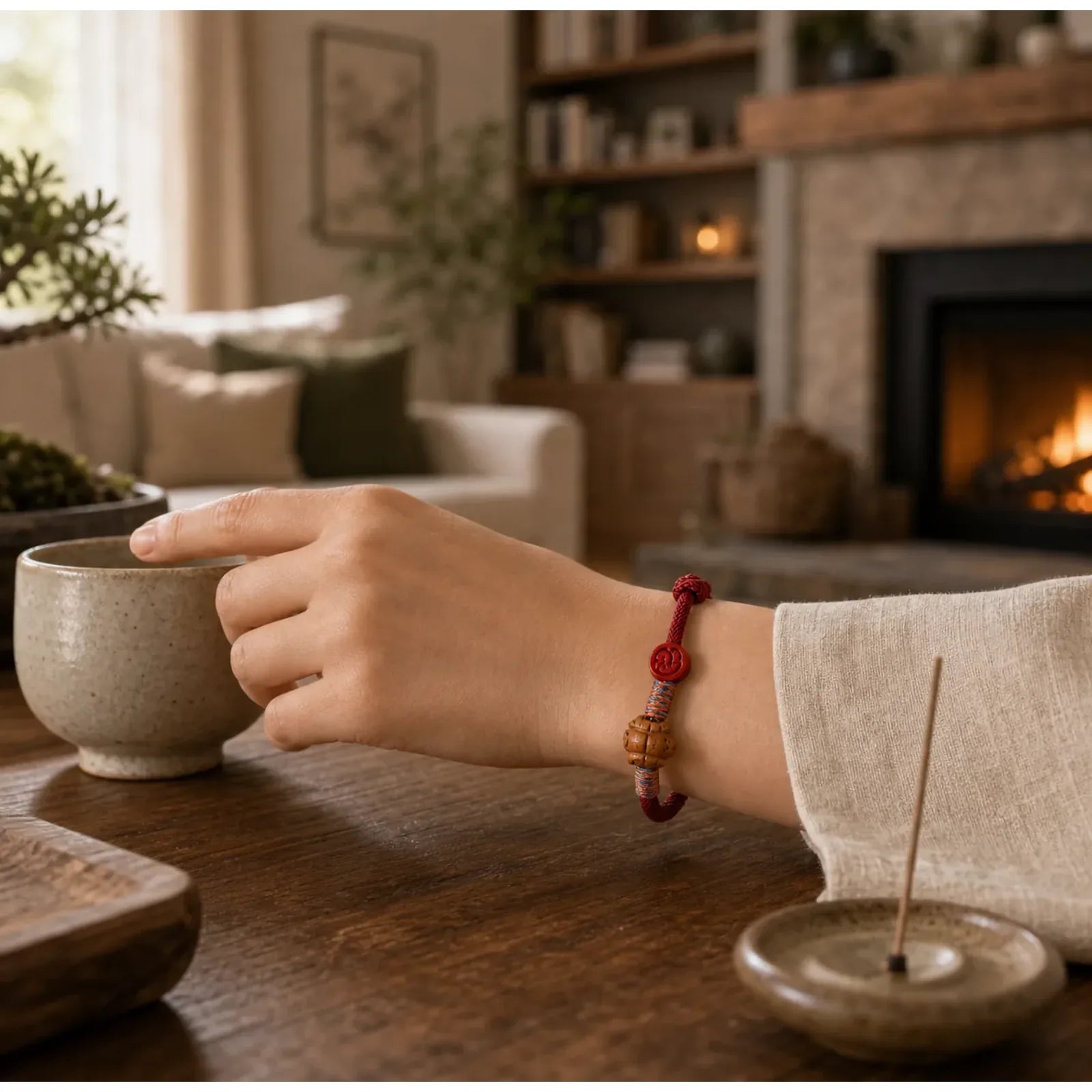 Handmade Chinese Zodiac Red String Peach Pit Cinnabar Luck Bracelet featuring Red String, Cinnabar, Dragon