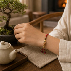 Handmade Chinese Zodiac Red String Peach Wood Luck Bracelet featuring Red String, Peach Wood, Dragon