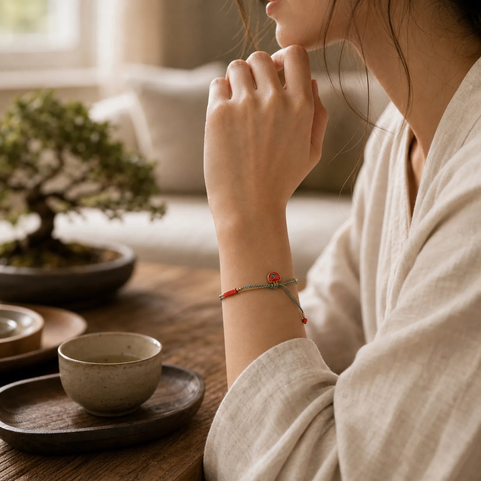 Handmade Cinnabar As One Wishes Blessing Braid Double Layer Bracelet featuring Cinnabar, Lotus