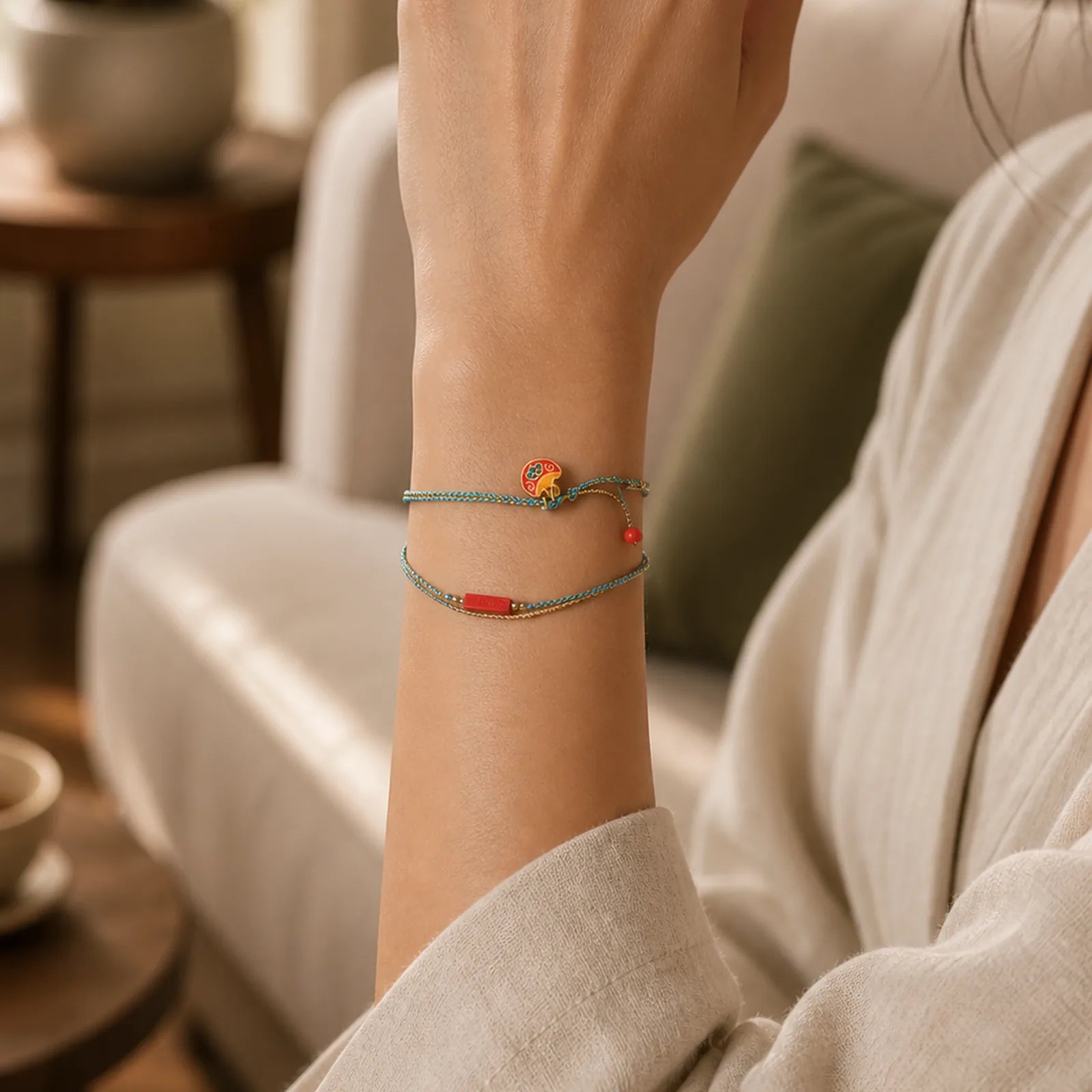 Handmade Cinnabar As One Wishes Blessing Braid Double Layer Bracelet featuring Cinnabar, Lotus