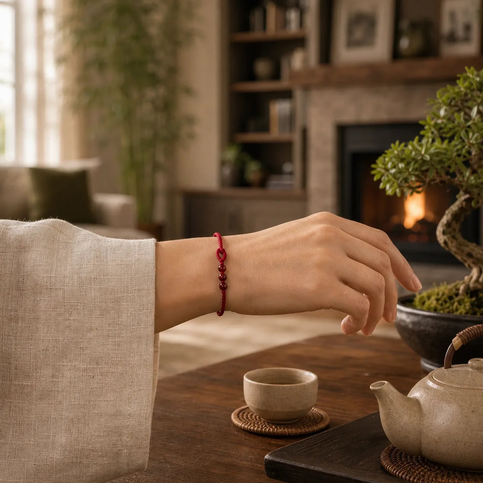 Handmade Cinnabar Beads Calm Blessing Braided Rope Bracelet featuring Cinnabar, Red String