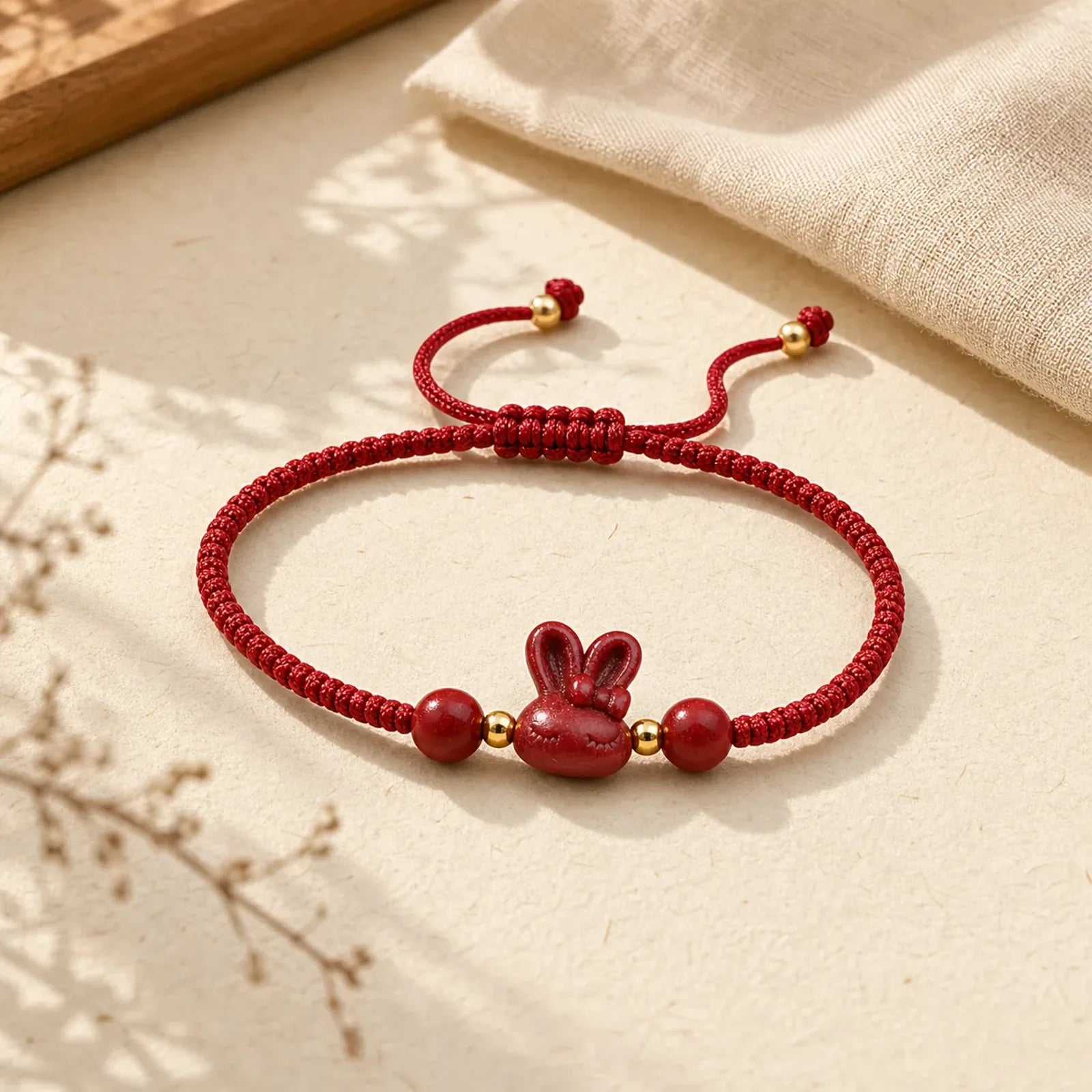 Handmade Cinnabar Chinese Zodiac Rabbit Luck Red Rope Bracelet featuring Cinnabar, Red String, Copper