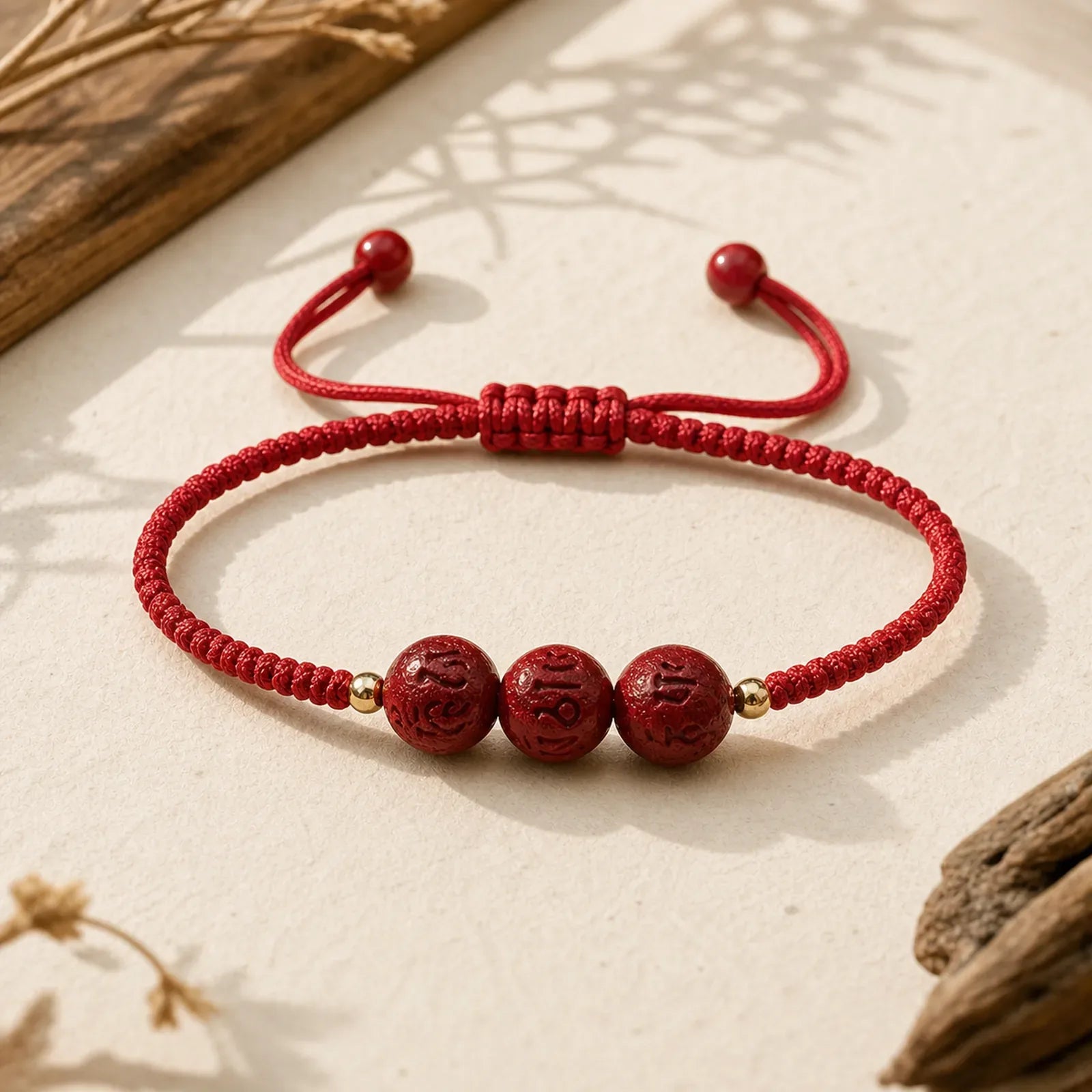 Handmade Cinnabar Om Mani Padme Hum Engraved Beads Blessing Braided Bracelet featuring Cinnabar, Om Mani Padme Hum, Om