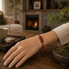 Handmade Cinnabar Om Mani Padme Hum Engraved Beads Blessing Braided Bracelet featuring Cinnabar, Om Mani Padme Hum, Om