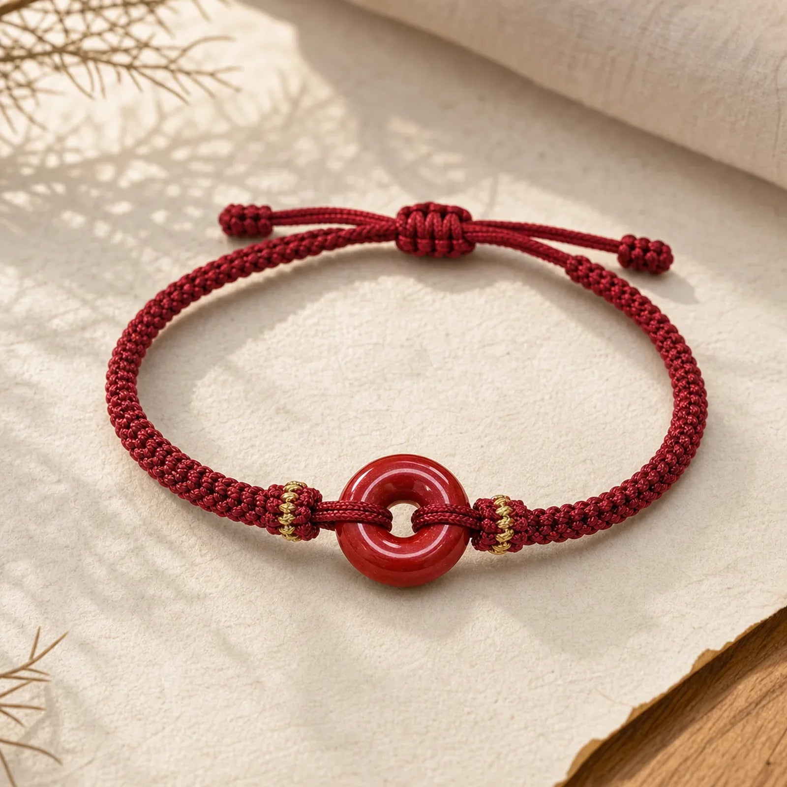 Handmade Cinnabar Round Peace Buckle Concentration Braided Bracelet featuring Cinnabar, Peace Buckle, Red String