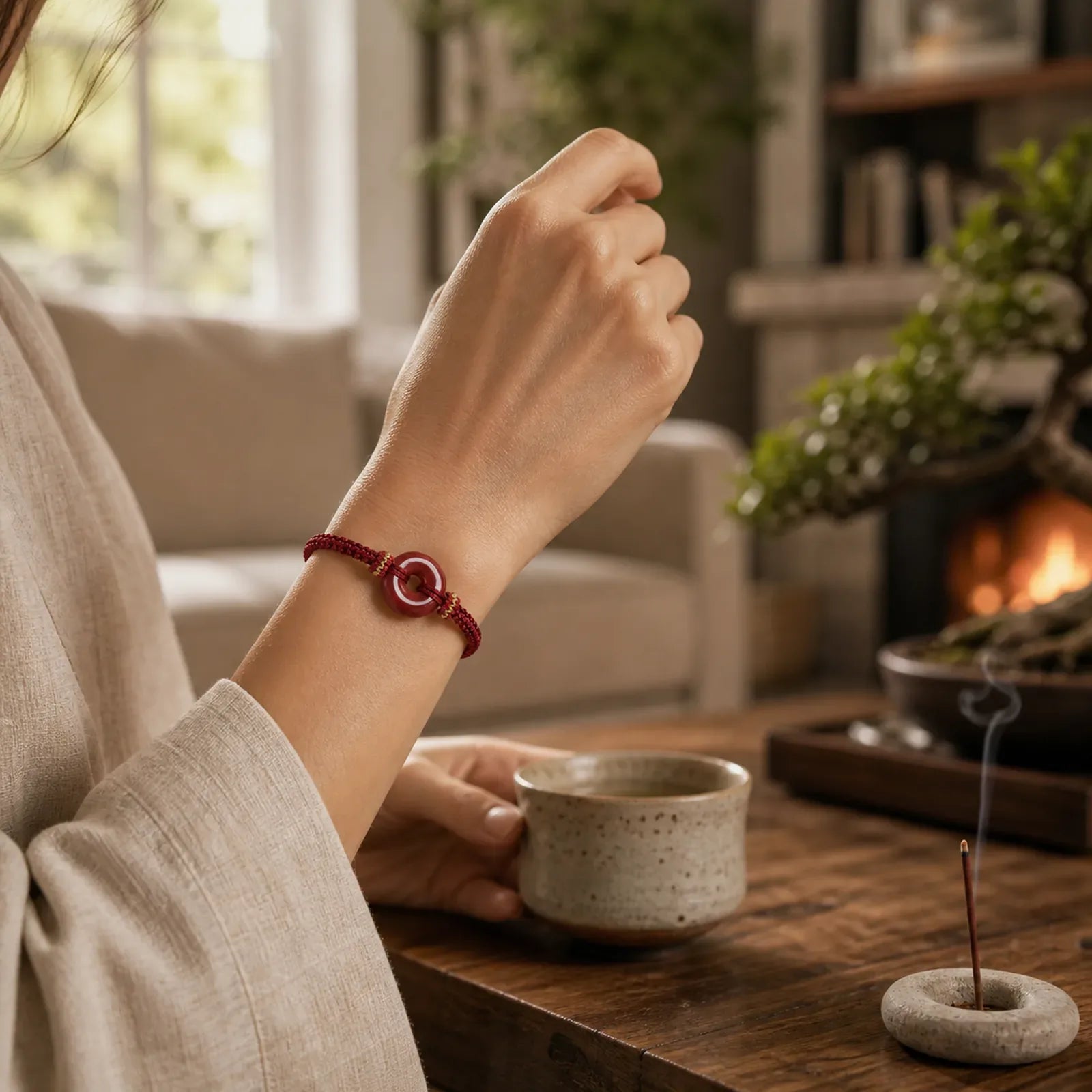 Handmade Cinnabar Round Peace Buckle Concentration Braided Bracelet featuring Cinnabar, Peace Buckle, Red String