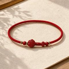 Handmade Cinnabar Ruyi Handle Fu Character PiXiu Blessing Red String Braided Bracelet featuring Cinnabar, Fu Character, Pixiu