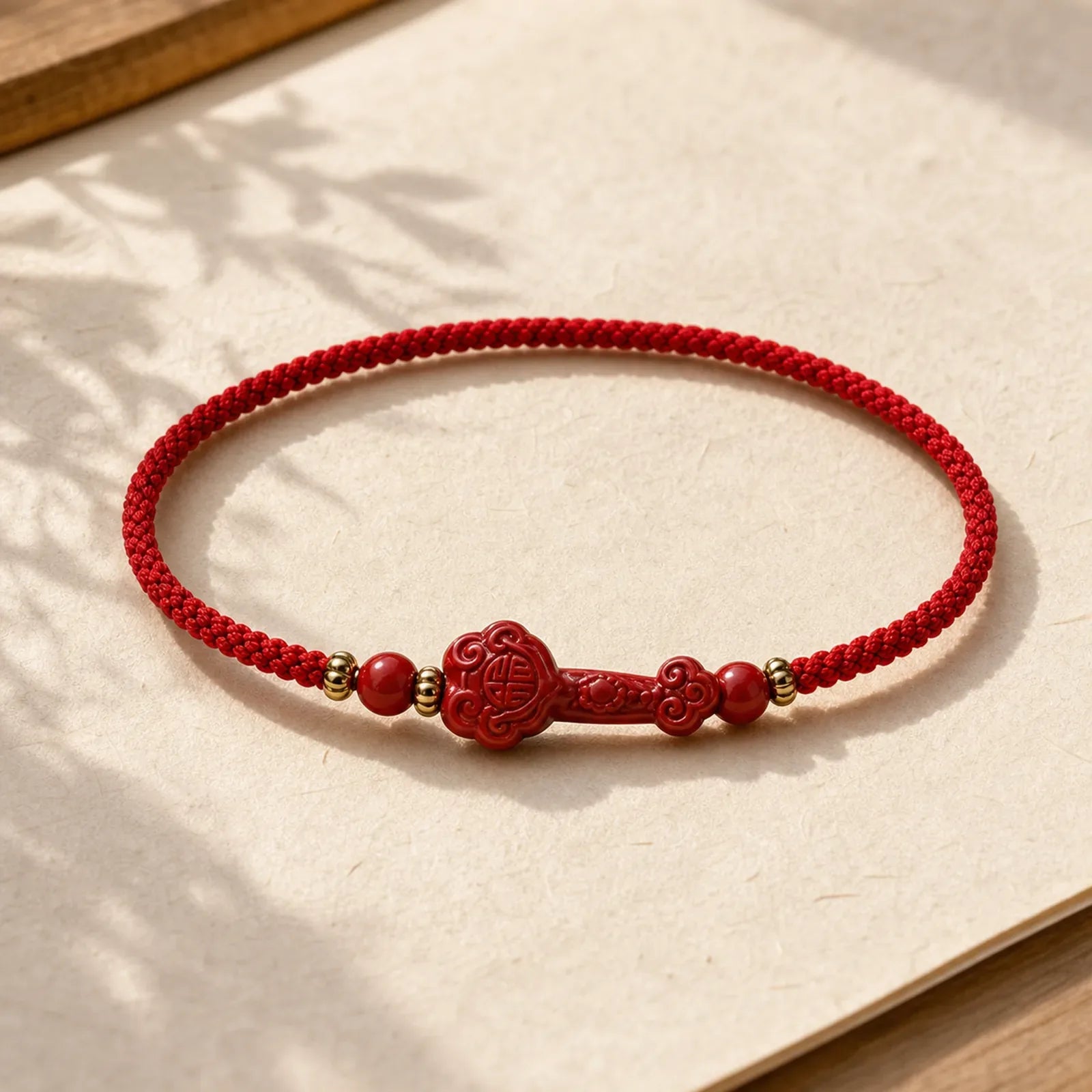 Handmade Cinnabar Ruyi Handle Fu Character PiXiu Blessing Red String Braided Bracelet featuring Cinnabar, Fu Character, Pixiu