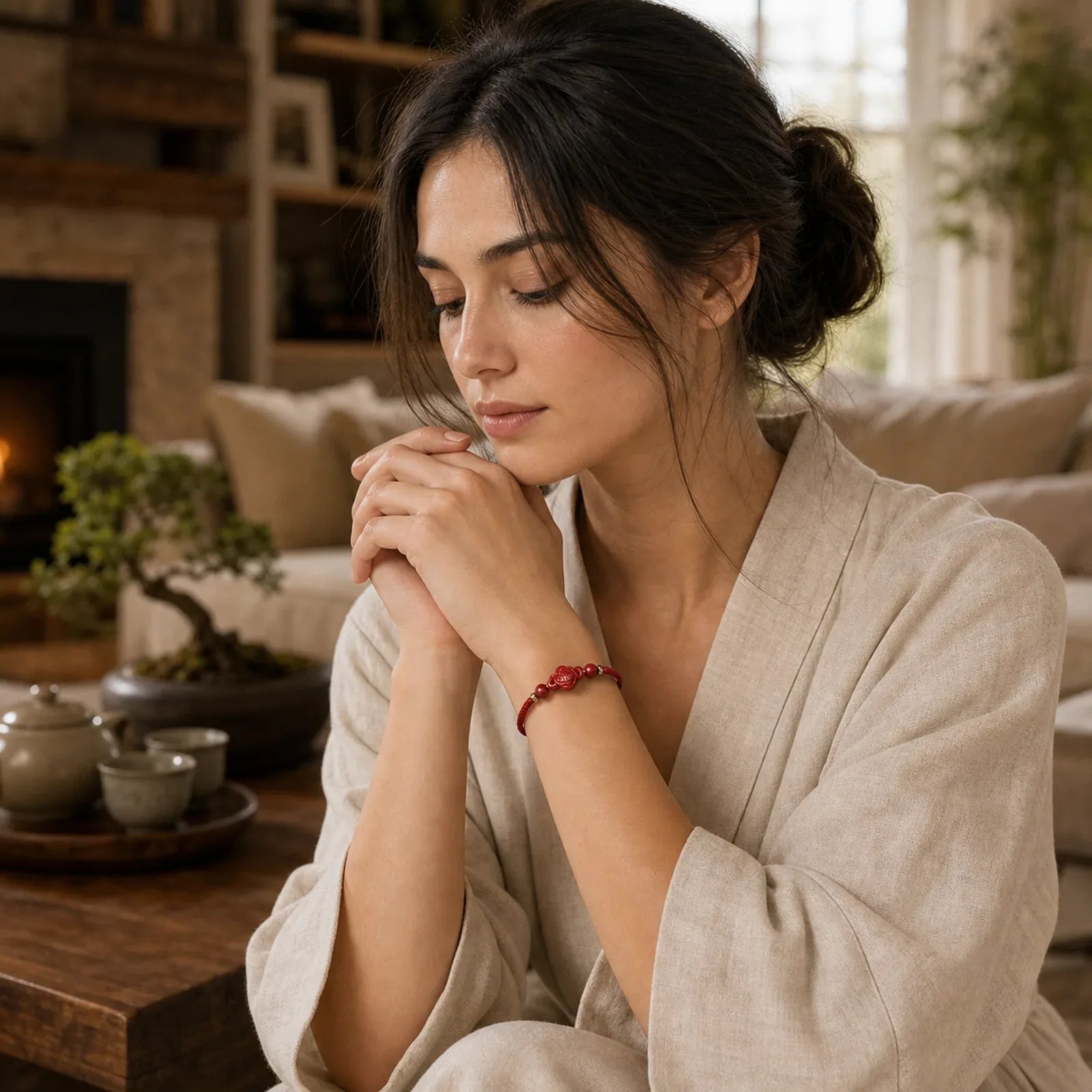 Handmade Cinnabar Ruyi Handle Fu Character PiXiu Blessing Red String Braided Bracelet featuring Cinnabar, Fu Character, Pixiu