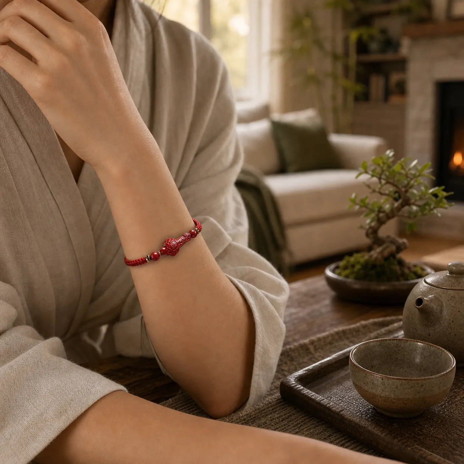 Handmade Cinnabar Ruyi Handle Fu Character PiXiu Blessing Red String Braided Bracelet featuring Cinnabar, Fu Character, Pixiu