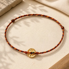 Handmade Copper Coins Charm Connection Braided String Adjustable Bracelet Anklet featuring Copper, Red String