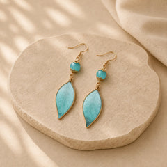 Handmade Cyan Leaf Copper Plated Silver Hook Protection Drop Earrings featuring Copper, Silver, Handcrafted Silk Art with Heritage