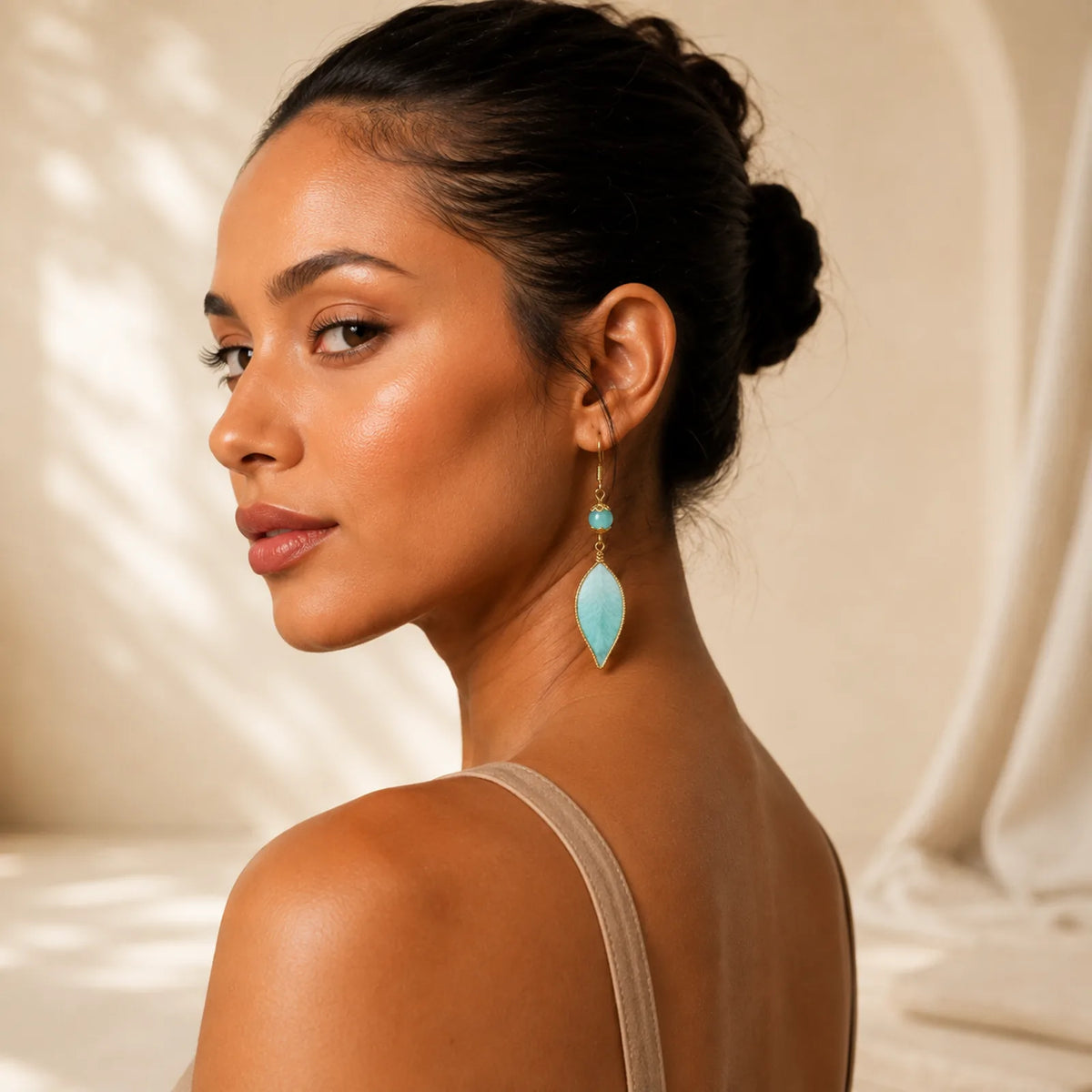 Handmade Cyan Leaf Copper Plated Silver Hook Protection Drop Earrings featuring Copper, Silver, Handcrafted Silk Art with Heritage