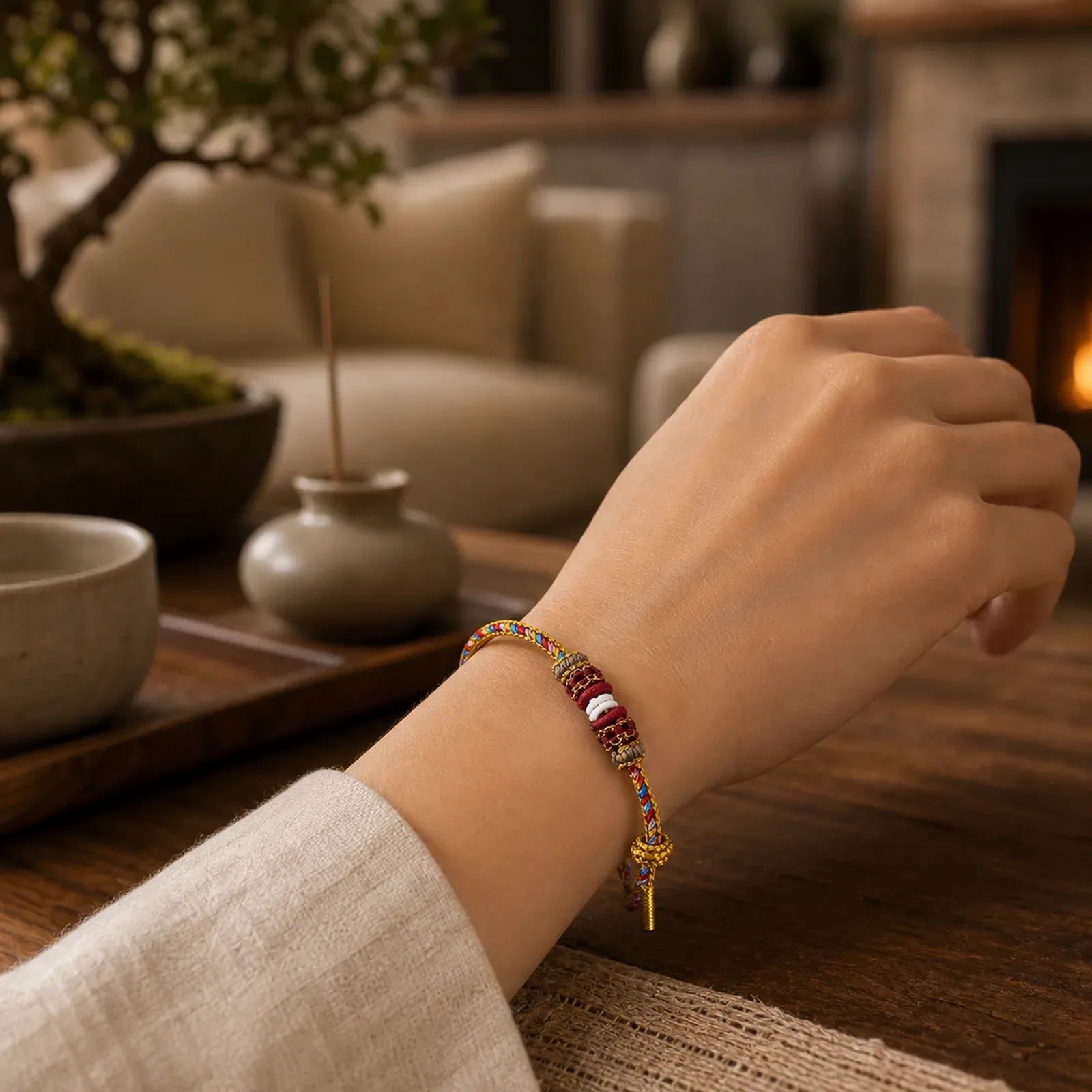 Handmade Dunhuang Color Luck Braid String Bracelet featuring Red String