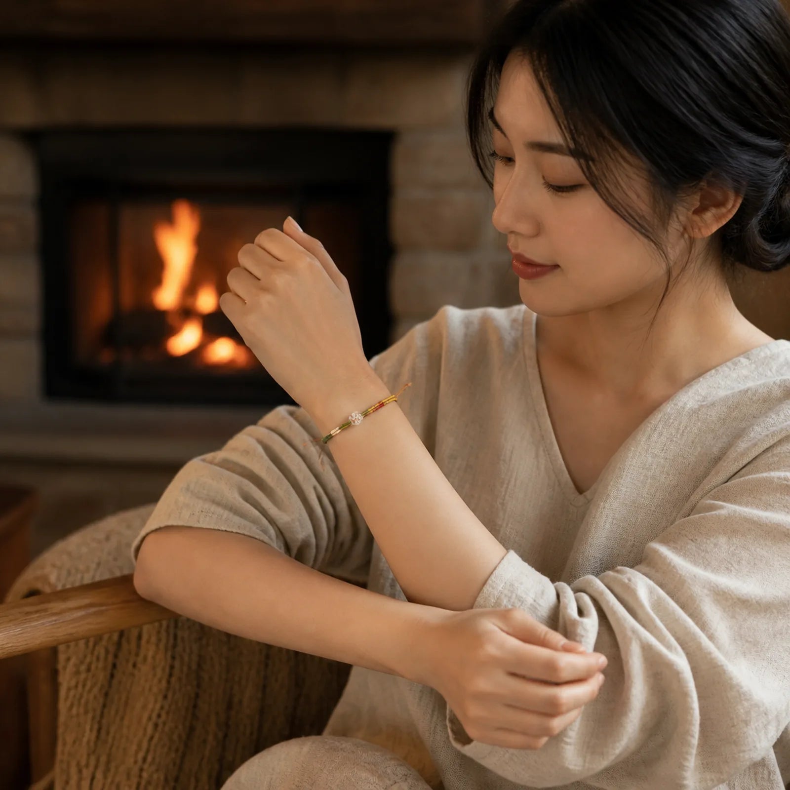 Handmade Dunhuang Color Peach Blossom Pattern Braid String Bracelet featuring Red String