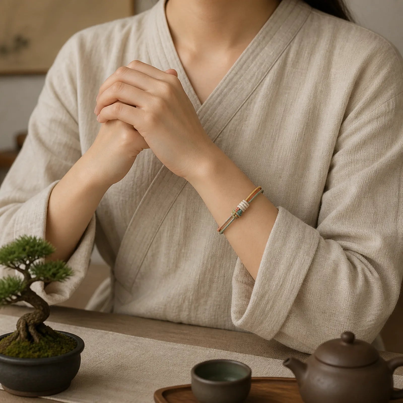 Handmade Dunhuang Color Peach Blossom Pattern Braid String Bracelet featuring Red String