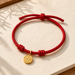 Handmade Eight Thread Peace Knot Fu Character Charm Luck Happiness Red Rope Bracelet featuring Fu Character, Red String, Copper