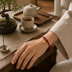 Handmade Eight Thread Peace Knot Fu Character Charm Luck Happiness Red Rope Bracelet featuring Fu Character, Red String, Copper