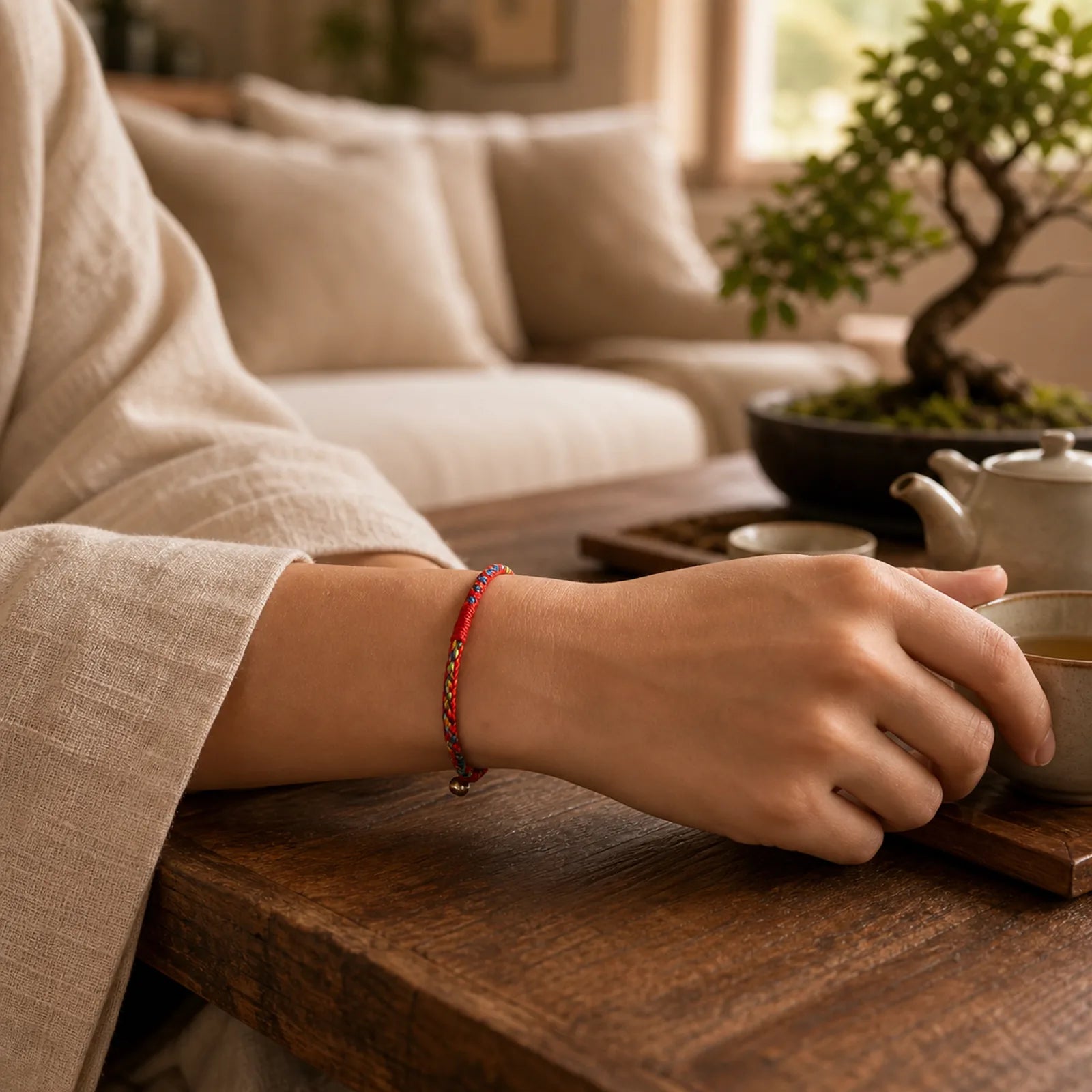 Handmade Five Color Thread Protection Bracelet featuring Red String, Dragon