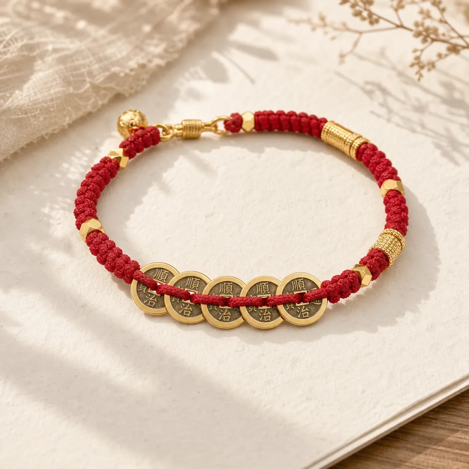 Handmade Five Emperor Coins Wealth String Braided Bracelet featuring Five Emperor Coins, Copper, Five-Emperor Coins
