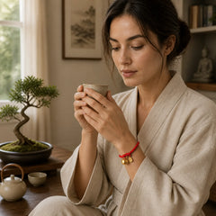 Handmade Fu Character Charm Luck Happiness Bell Red Rope Bracelet featuring Fu Character, Red String, Copper