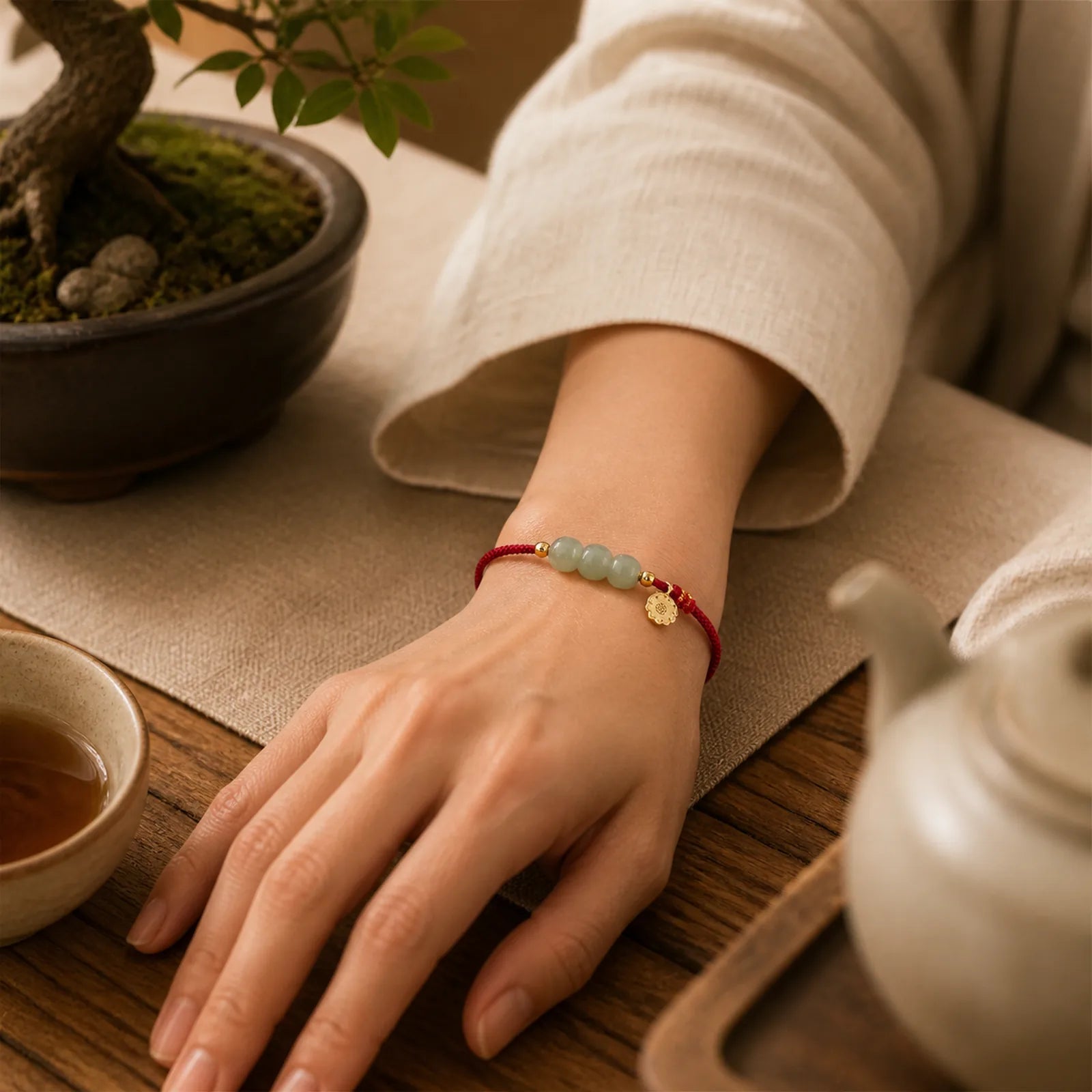 Handmade Hetian Jade Bead Lotus Pod Prosperity Luck Braided Bracelet featuring Jade, Lotus, Lotus Symbol
