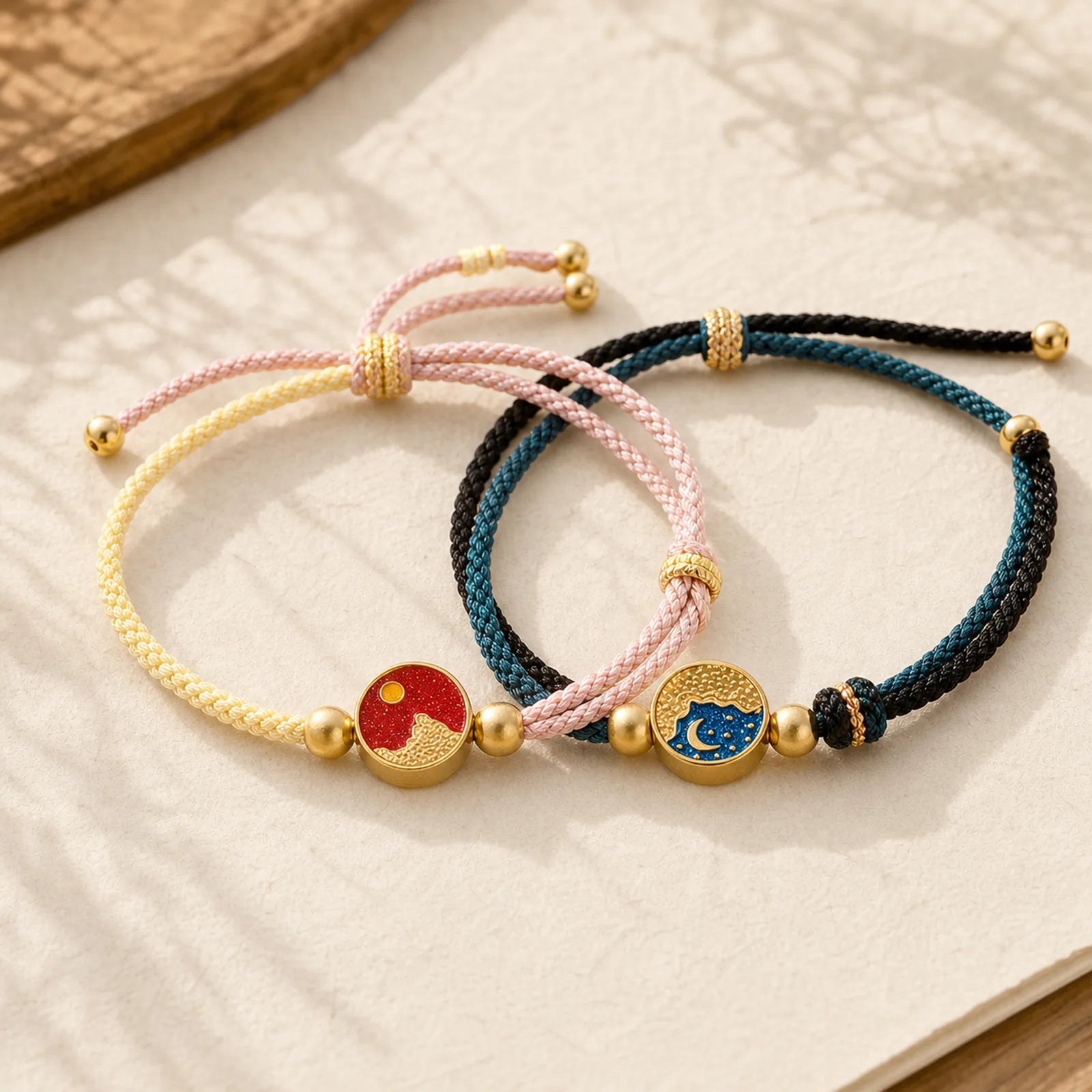 Handmade Mountain and Sea Engraved Luck Two-Color String Couple Bracelet featuring Copper, Cooper