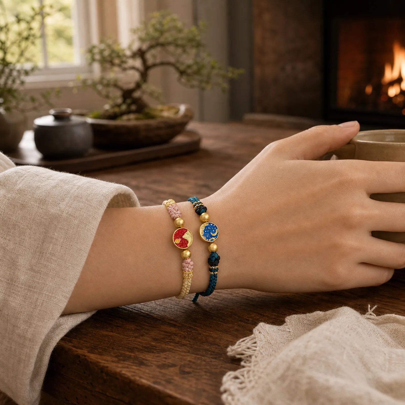 Handmade Mountain and Sea Engraved Luck Two-Color String Couple Bracelet featuring Copper, Cooper