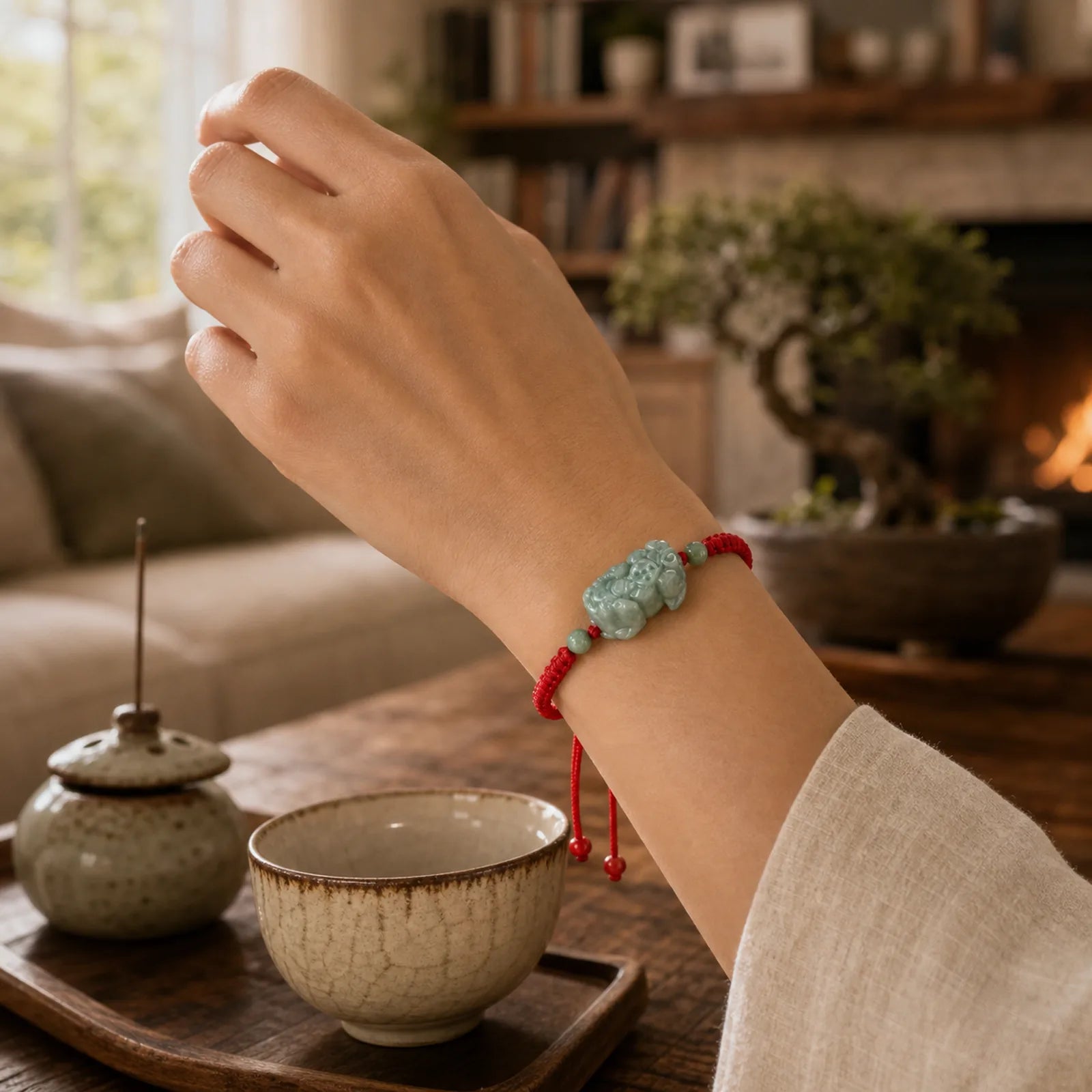 Handmade Natural Jade PiXiu Protection King Kong Knot Braided String Bracelet featuring Jade, Pixiu, Red String