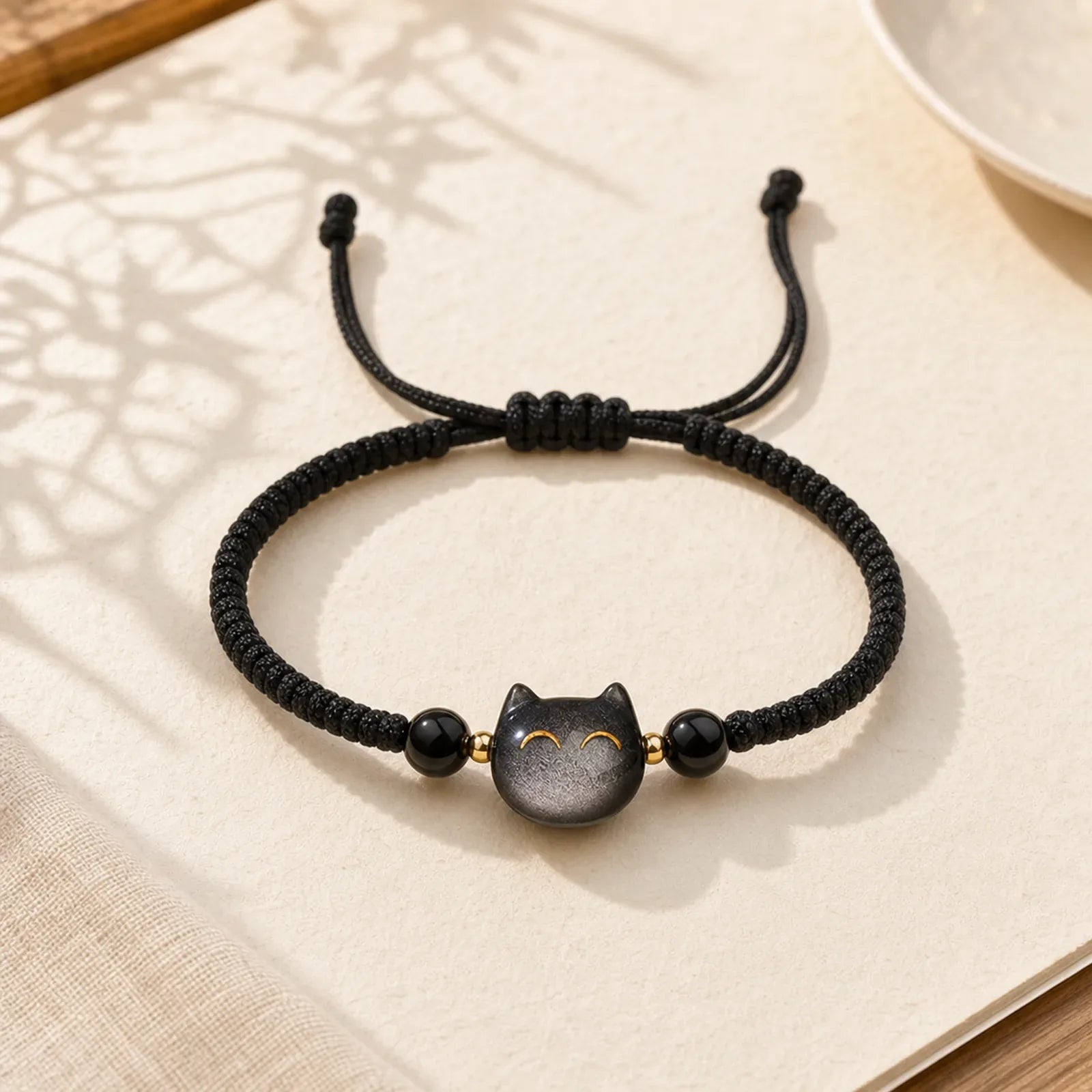 Handmade Natural Silver Sheen Obsidian Strawberry Quartz Cute Cat Protection Braided Bracelet featuring Silver, Silver Sheen Obsidian, Obsidian