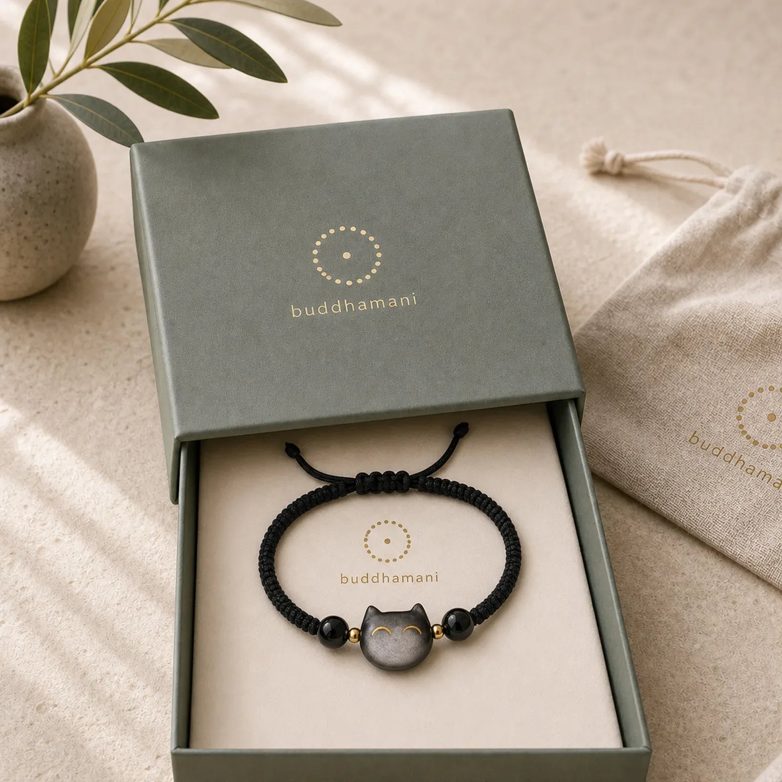 Handmade Natural Silver Sheen Obsidian Strawberry Quartz Cute Cat Protection Braided Bracelet featuring Silver, Silver Sheen Obsidian, Obsidian