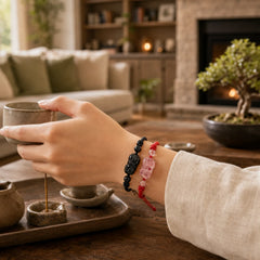 Handmade Natural Silver Sheen Obsidian Strawberry Quartz PiXiu Protection Braided Bracelet featuring Silver, Silver Sheen Obsidian, Obsidian