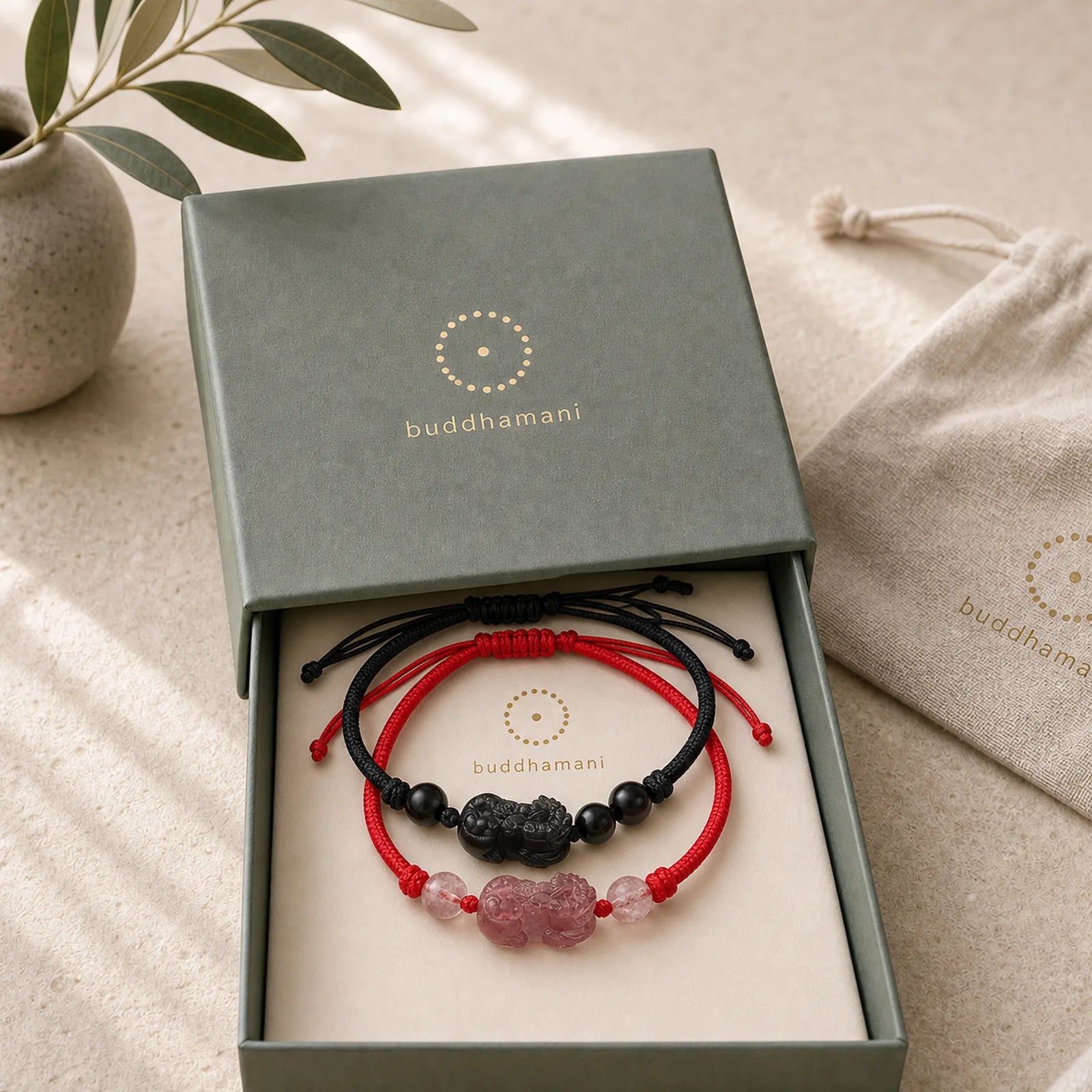 Handmade Natural Silver Sheen Obsidian Strawberry Quartz PiXiu Protection Braided Bracelet featuring Silver, Silver Sheen Obsidian, Obsidian