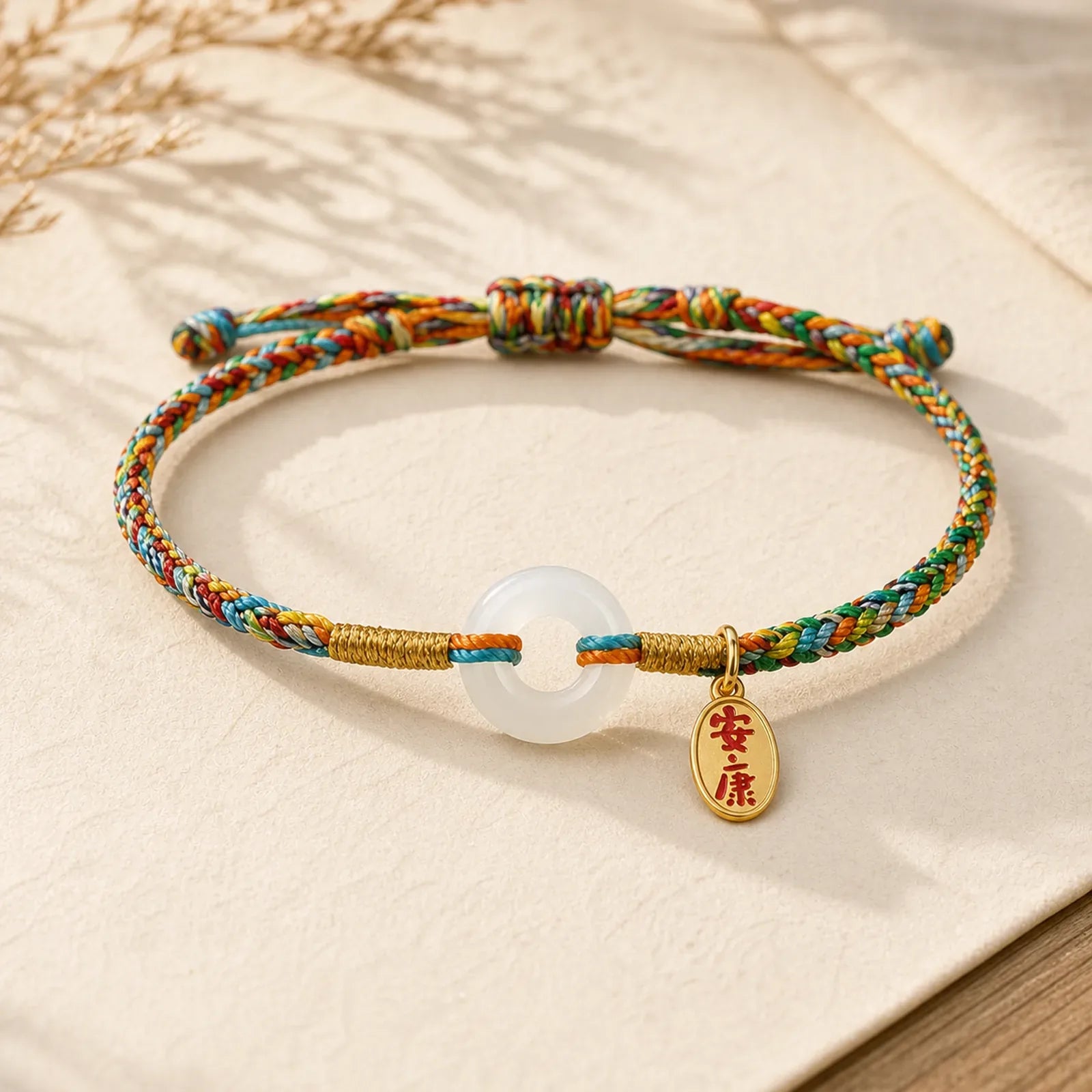 Handmade Peace Buckle Jade Prosperity 925 Sterling Silver Colorful Rope Bracelet featuring Peace Buckle, Jade, Silver