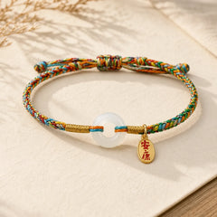Handmade Peace Buckle Jade Prosperity 925 Sterling Silver Colorful Rope Bracelet featuring Peace Buckle, Jade, Silver