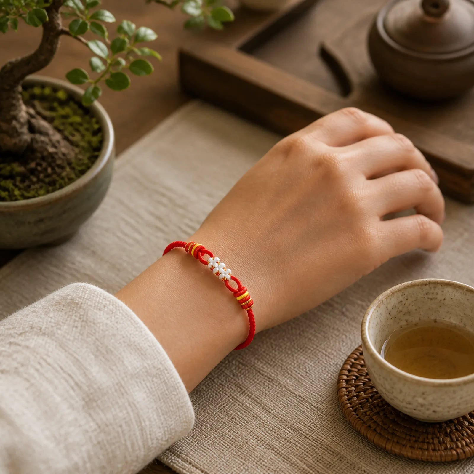 Handmade Peach Blossom Knot Adjustable String Luck Bracelet featuring Red String