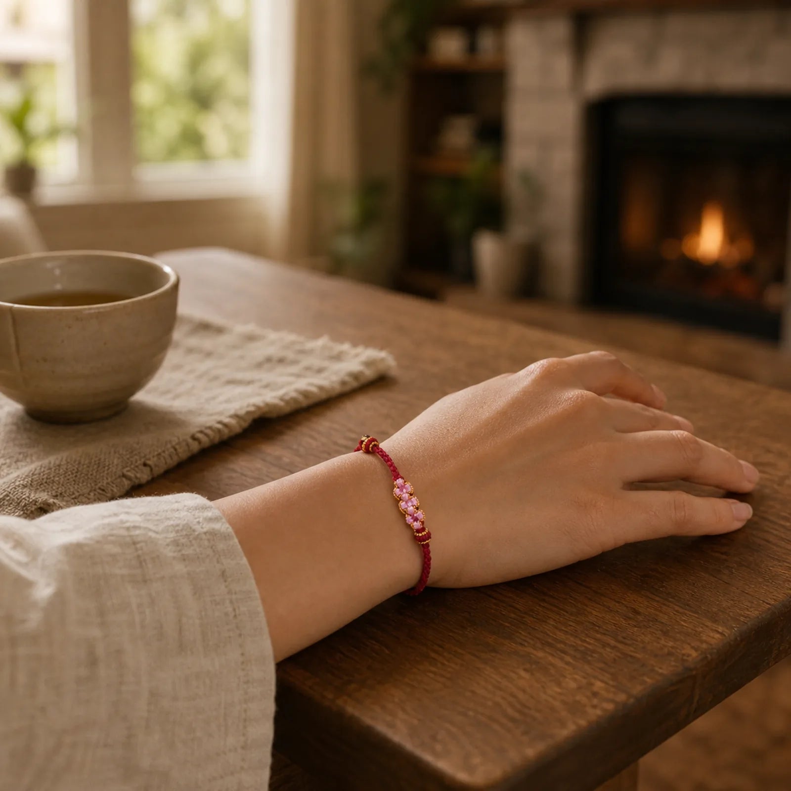 Handmade Peach Blossom Protection Braided Rope Bracelet featuring Red String