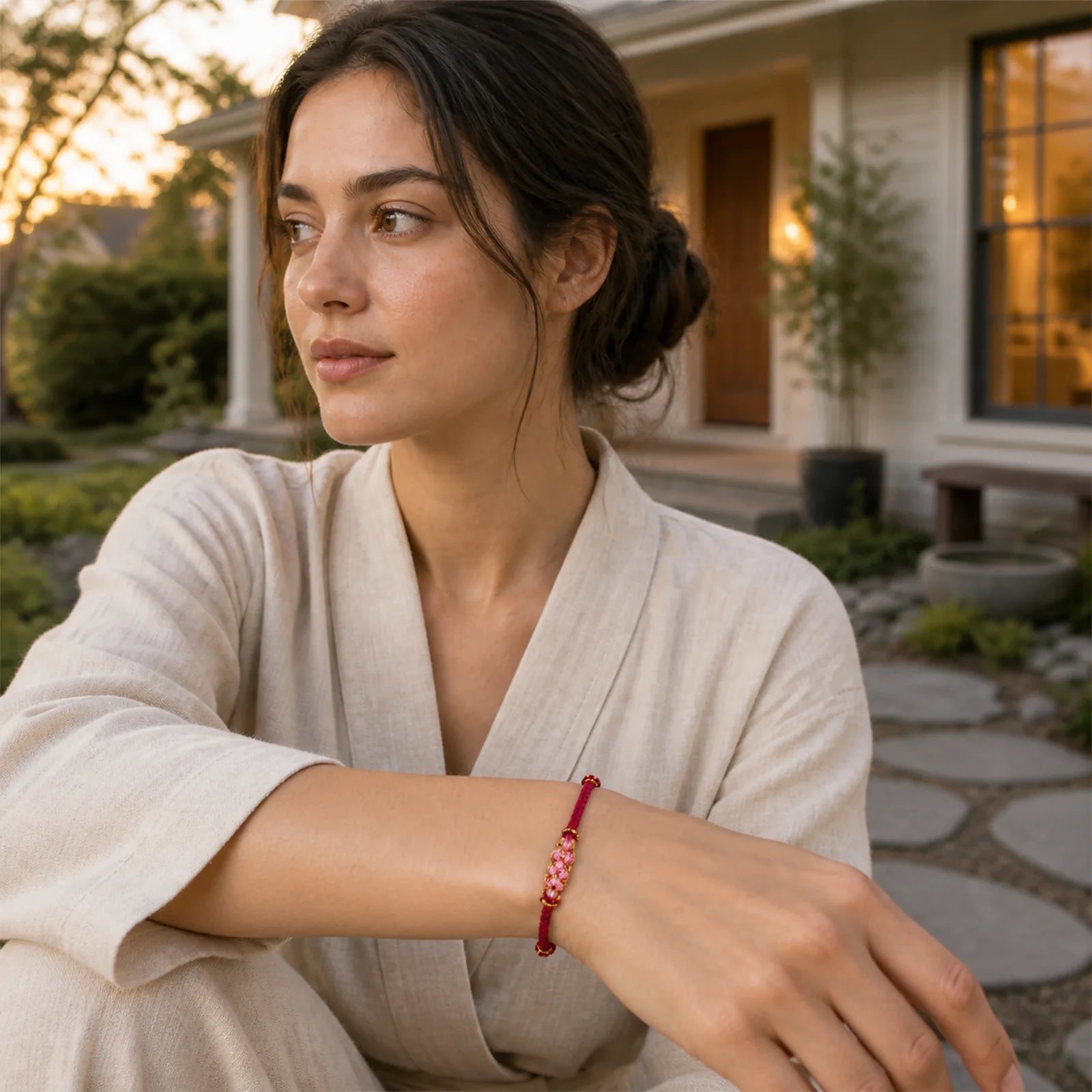 Handmade Peach Blossom Protection Braided Rope Bracelet featuring Red String