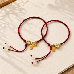 Handmade Peach Blossom Rosette Bow Knot Fu Character Charm Luck Fortune Red Rope Bracelet featuring Fu Character, Red String