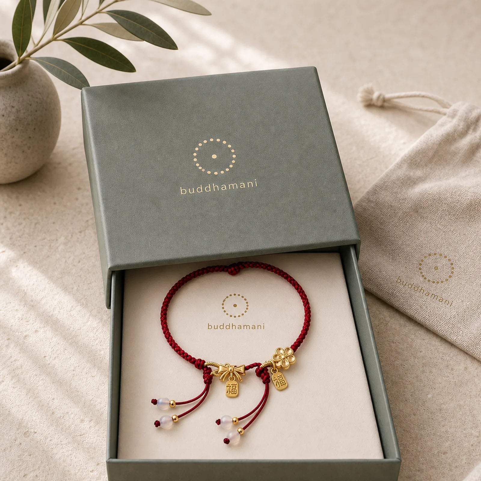 Handmade Peach Blossom Rosette Bow Knot Fu Character Charm Luck Fortune Red Rope Bracelet featuring Fu Character, Red String