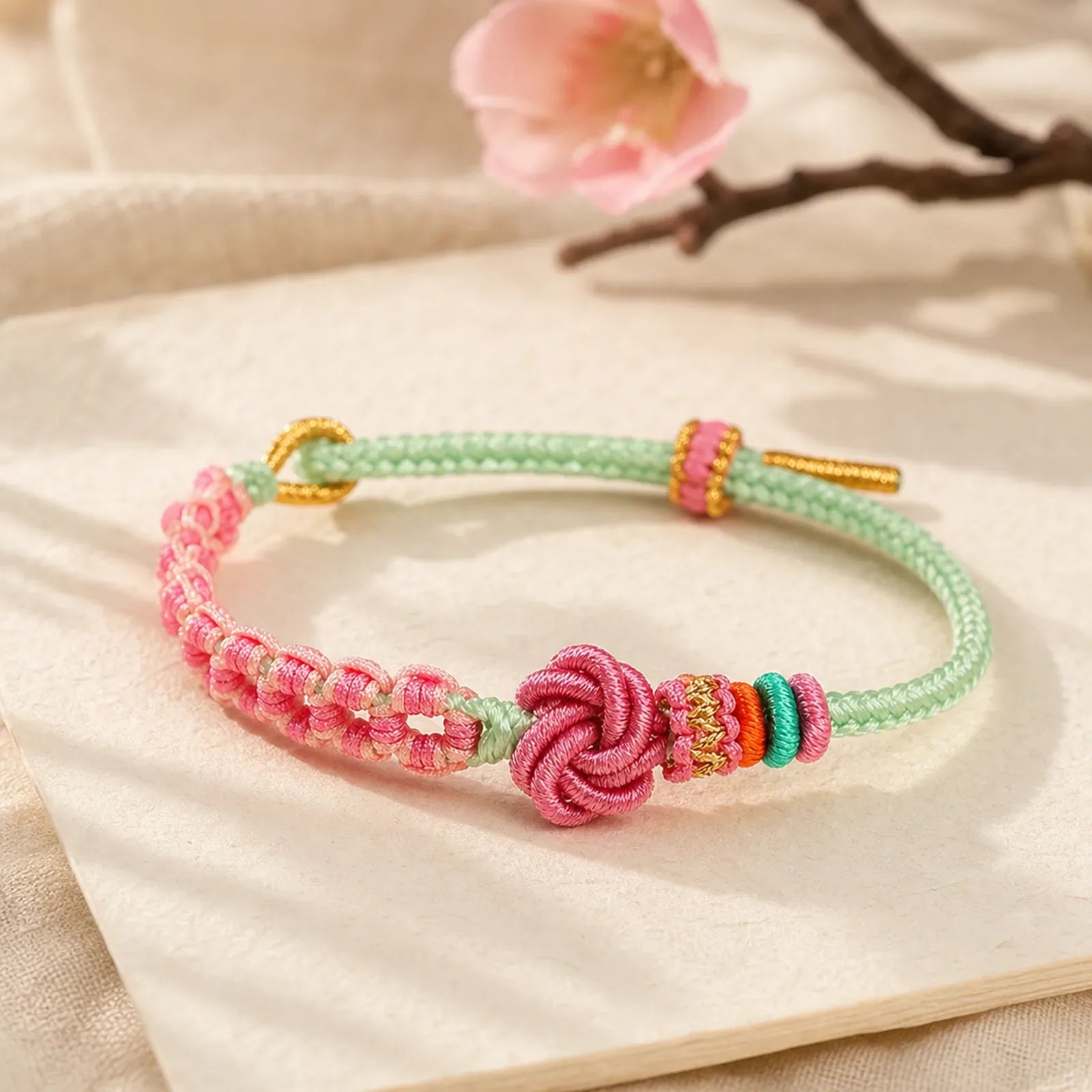 Handmade Pink Green Peach Blossom Knot Braided Bracelet featuring