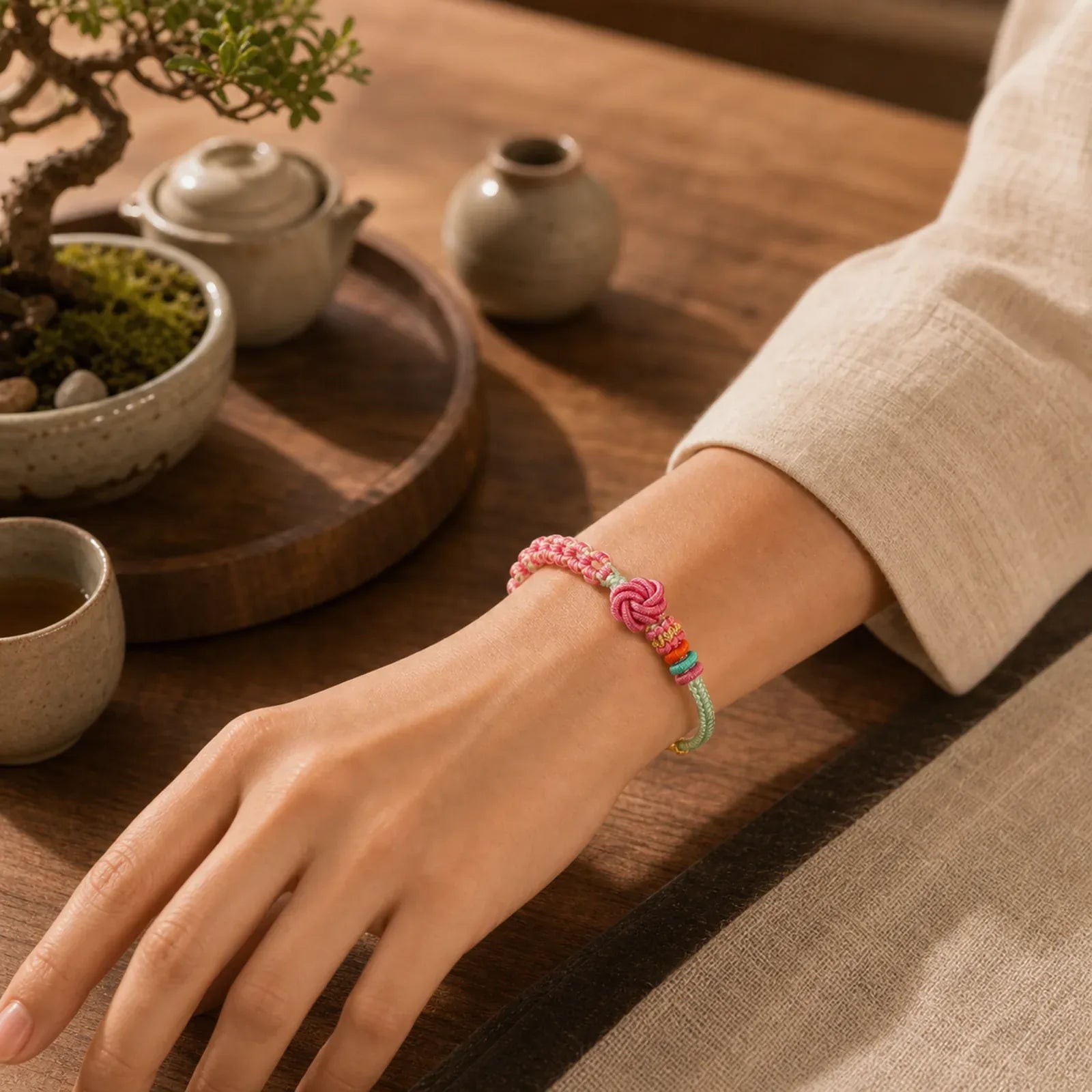 Handmade Pink Green Peach Blossom Knot Braided Bracelet featuring